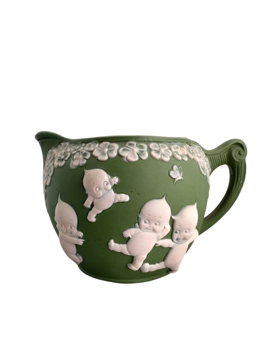 Rose O’Neil Kewpie Green Jasperware Creamer Pink Accents Signed Bisqueware